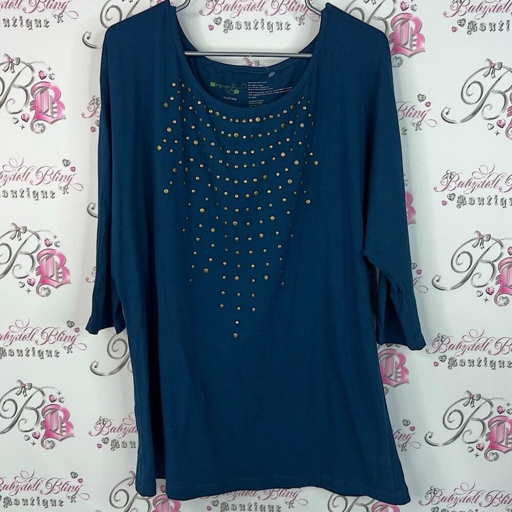 Ingreen long sleeve top organic cotton Chic Blue Blouse with Gold Details